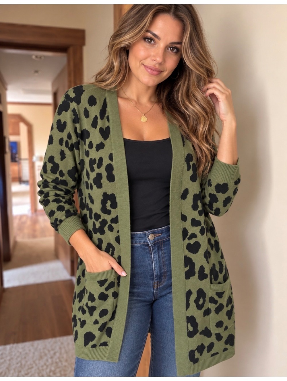 Kim Rogers Olive Green and Black Leopard Print Cotton Cardigan Large